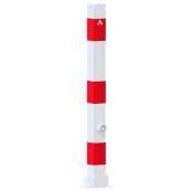 Barrier posts | Steel tube 70 x 70 mm | foldable, with triangular locking mechanism | to be fixed by plugswith base plate 100 x 150 mm | hot-dip galvanized and white coatedwith three red reflecting stripes | without eyelet